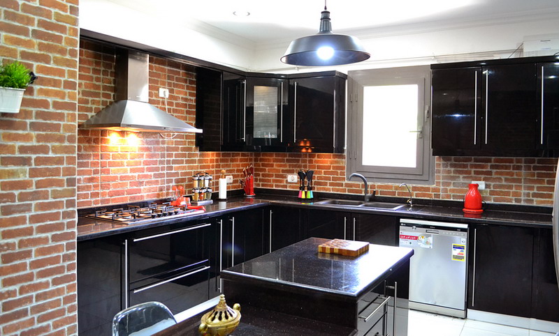 black modern MDF kitchen with kitchen island