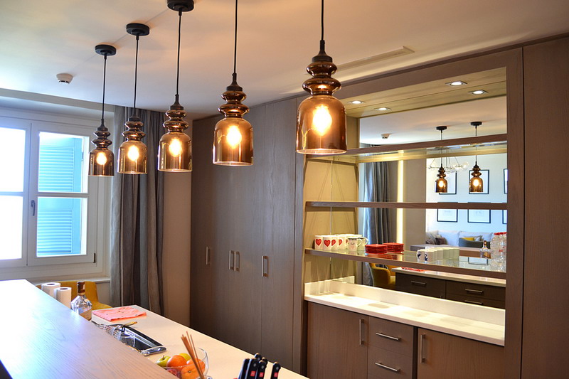 Beige MDF American kitchen design with oak veneer