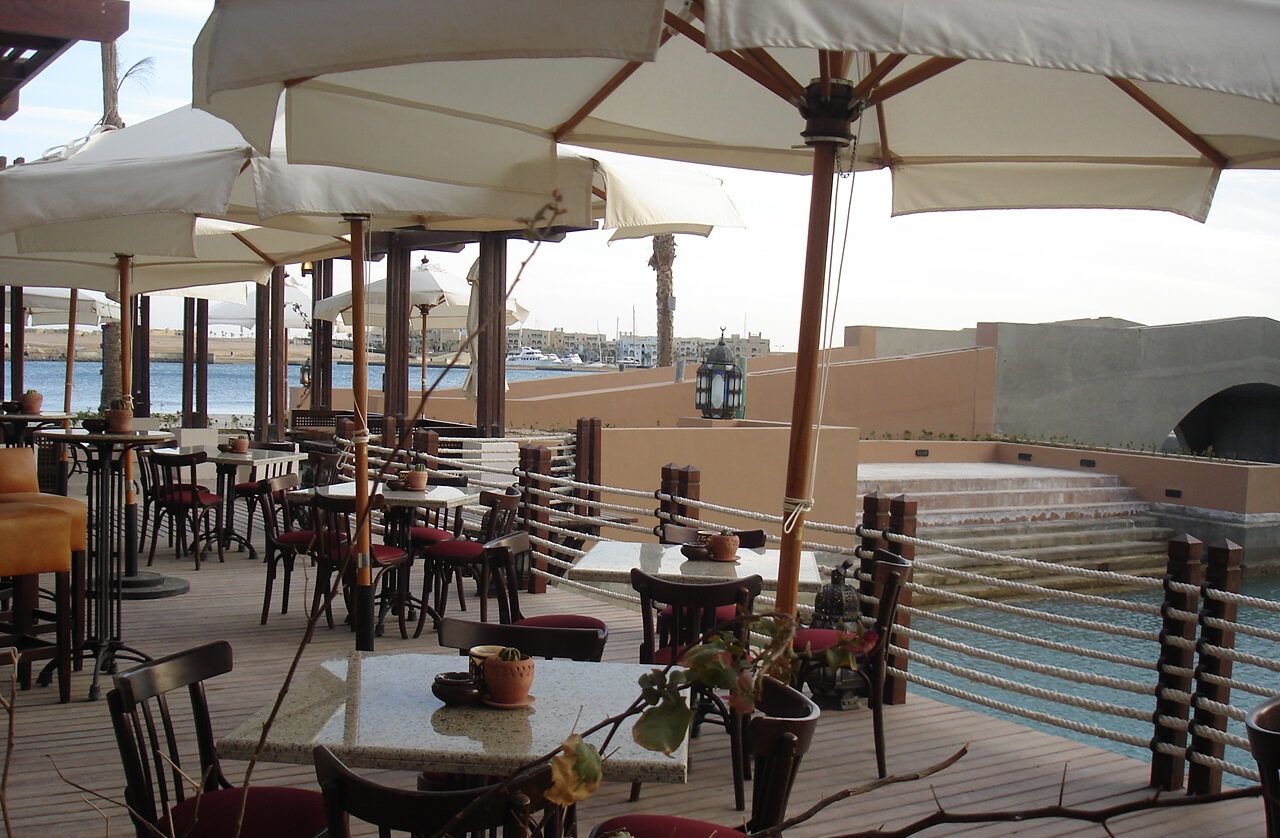 Casbah restaurant wooden deck dock with ropes and poles hotel port ghalib