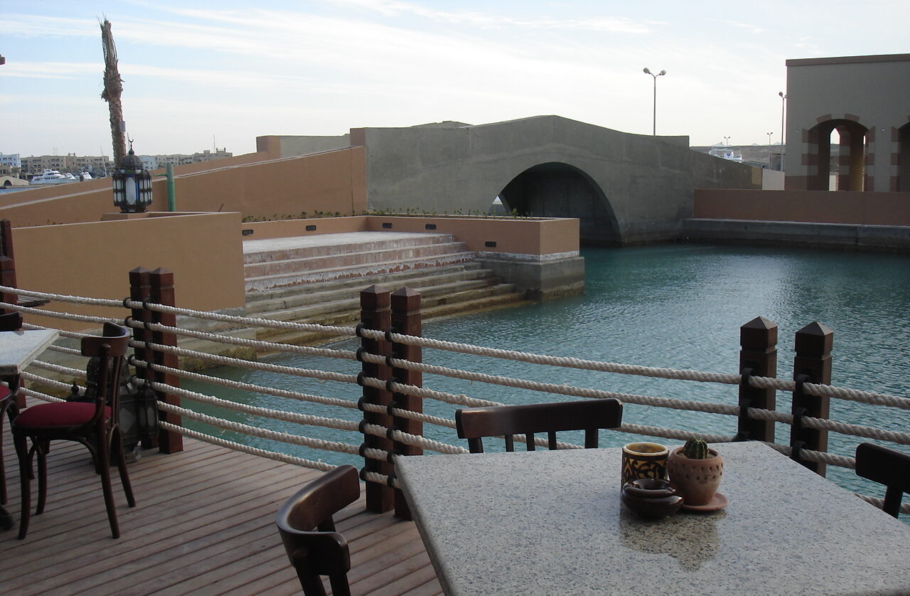 Wooden Deck dock with ropes and poles casbah restaurant port Ghalib hotel