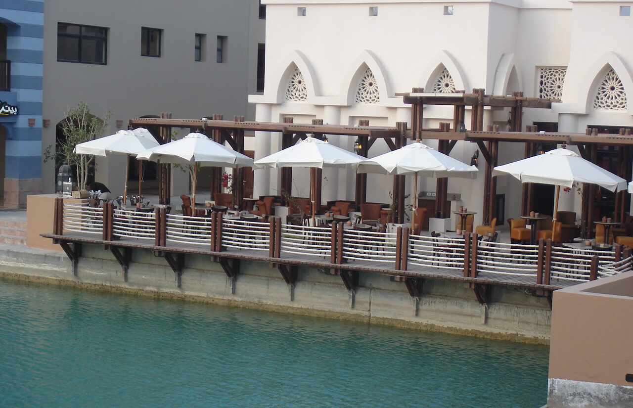 Casbah restaurant wooden deck dock with ropes and poles hotel port ghalib