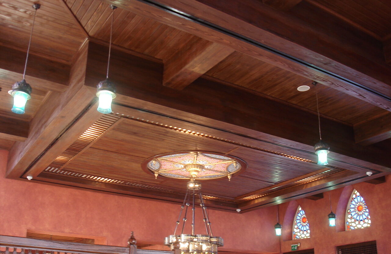 Wooden ceiling cladding casbah restaurant port Ghalib