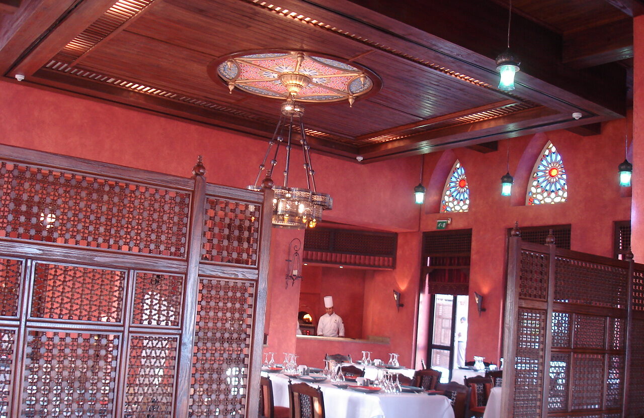 Casbah restaurant wooden islamic partition wooden claddings and stained glass